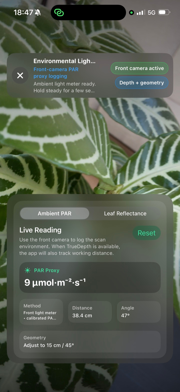 iPhone ambient PAR screen using the front-facing camera to measure incident light on plants.