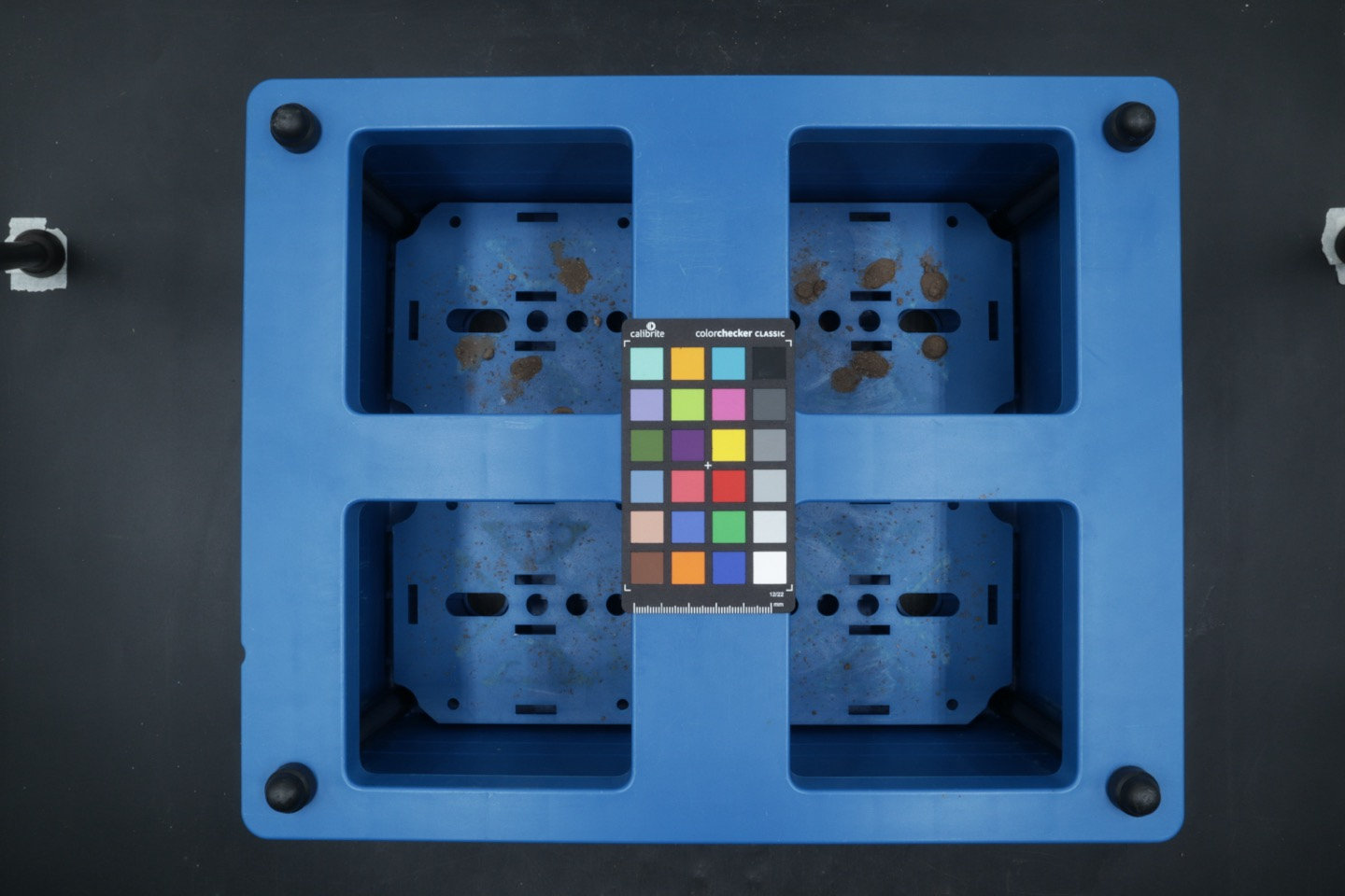 ColorChecker reference target placed inside a tray-style scanning setup for color normalization before analysis.