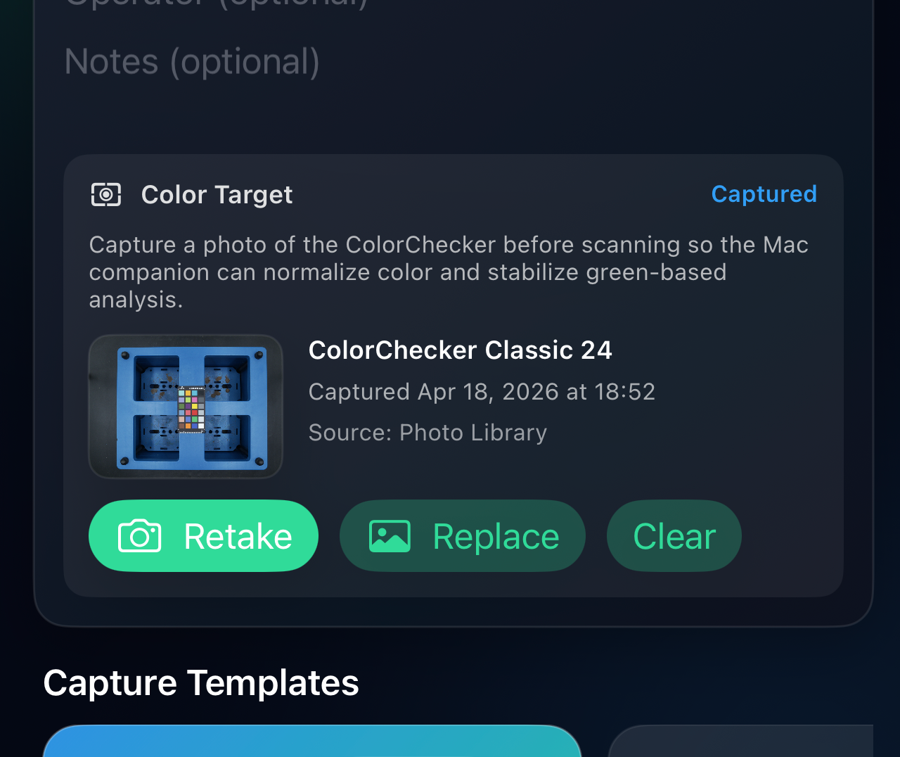 iPhone prompt asking whether to add a color target photo before starting a 3DGS scan.