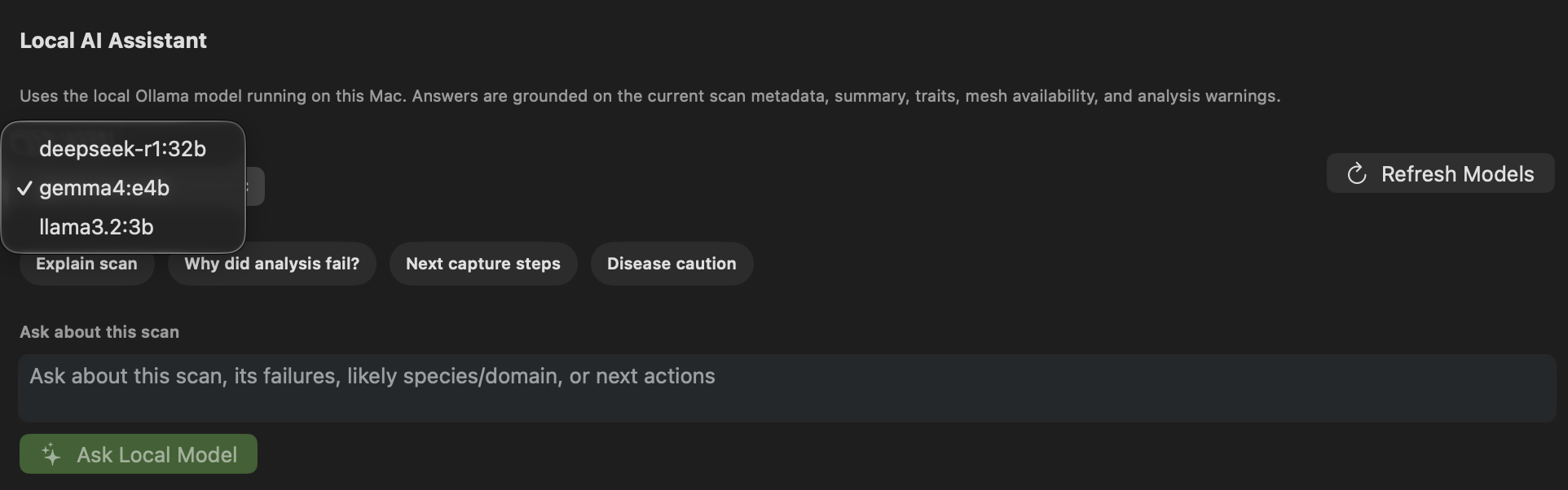 Local AI assistant panel in the Mac Companion showing Ollama-backed scan question answering.