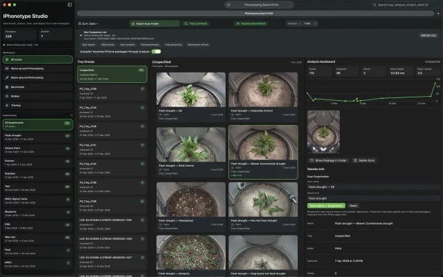Mac Companion workspace showing scan organization, tray groups, and above-ground phenotyping dashboards.