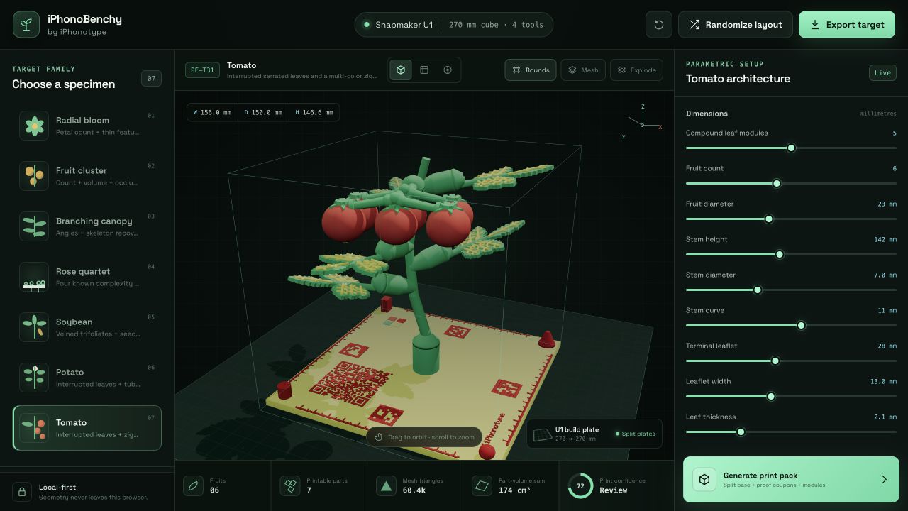 iPhonoBenchy editor showing a tomato reference target with adjustable plant geometry, a marked calibration base and multi-color print controls.