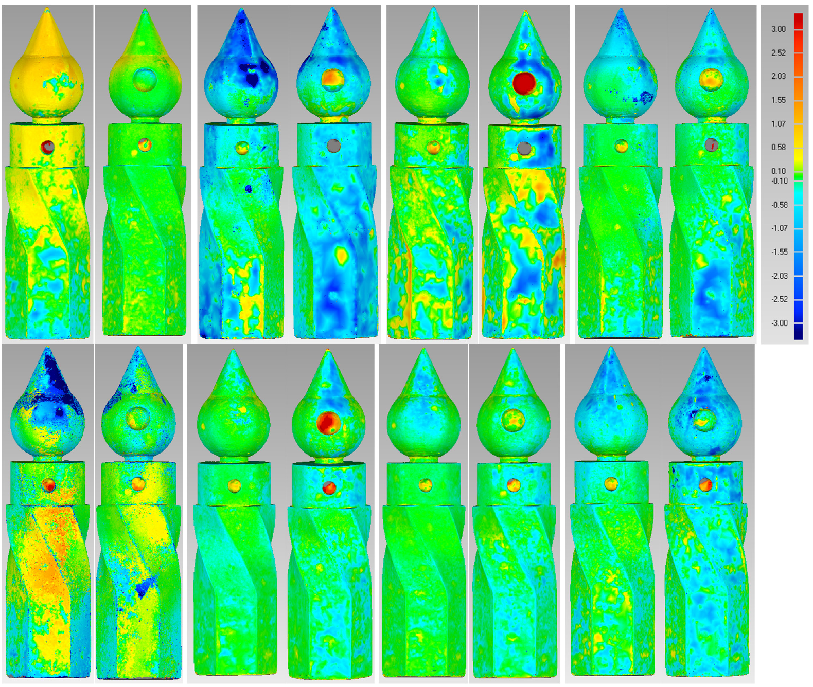 Published Testy front and back surface-deviation maps across camera devices, with original millimetre colour legend.